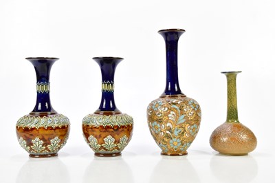 Lot 1291 - DOULTON LAMBETH; a pair of squat vases with...