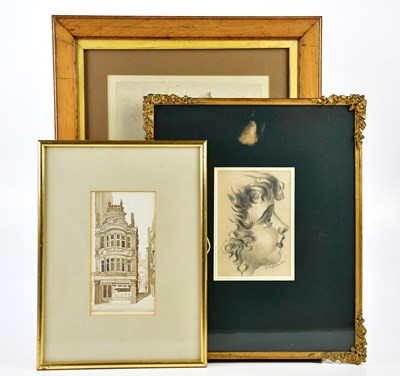 Lot 2501 - UNATTRIBUTED; sepia watercolour of a building,...