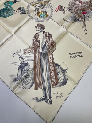 Lot 77 - BURBERRY; a vintage silk scarf decorated with...