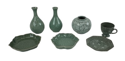 Lot 1157 - A group of six pieces of Korean celadon glazed...