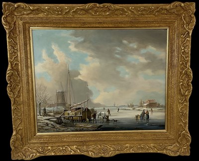 Lot 175 - VAN DER MEULEN; oil on board, frozen winter...