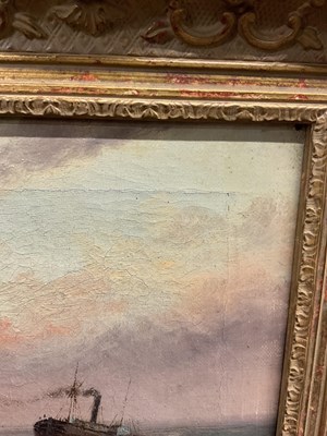 Lot 207 - M HUNT; oil on canvas, shipping scene, signed...
