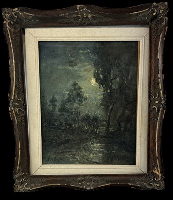 Lot 210 - UNATTRIBUTED; oil on canvas, rural moonlit...