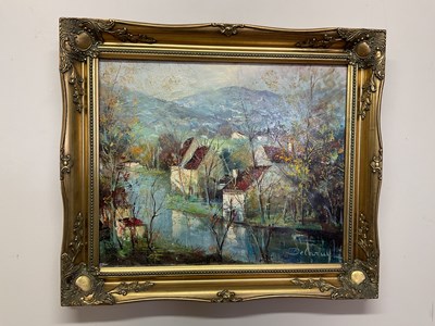 Lot 1560 - UNATTRIBUTED; oil on canvas, mountainous...
