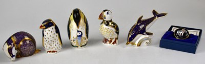 Lot 356 - ROYAL CROWN DERBY; five paperweights with gold...