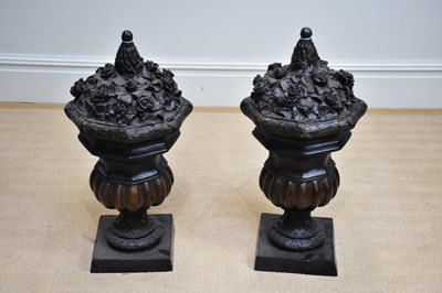 Lot 760 - A large pair of bronze urns with floral...