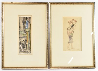 Lot 272 - Two coloured etchings, one a street scene with...