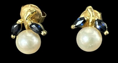 Lot 741 - A pair of 14ct yellow gold sapphire and seed...