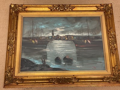 Lot 1564 - UNATTRIBUTED; oil on canvas, moored boats,...