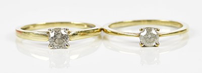 Lot 85 - Two modern 9ct yellow gold diamond solitaire...