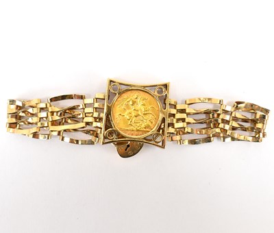 Lot 751 - A 9ct gold four-bar gate bracelet united with...