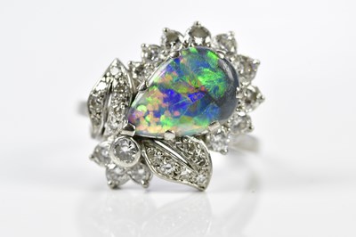 Lot 50 - A white metal black opal and diamond cluster...