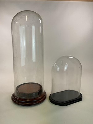 Lot 126 - Two glass domes and wooden bases, larger...