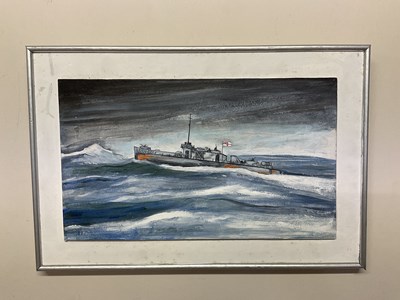 Lot 1487 - RON WOOD; oil on board, shipping scene, signed...