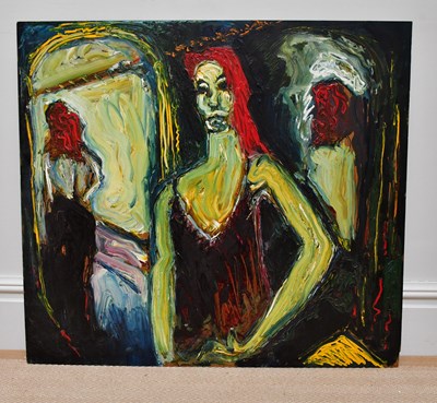 Lot 309 - H CALDAS; oil on board, 'Three Woman', signed...