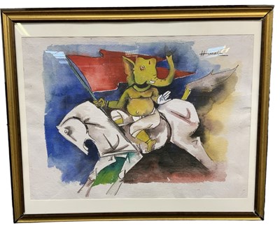 Lot 148 - M F HUSAIN; watercolour, study of an elephant...