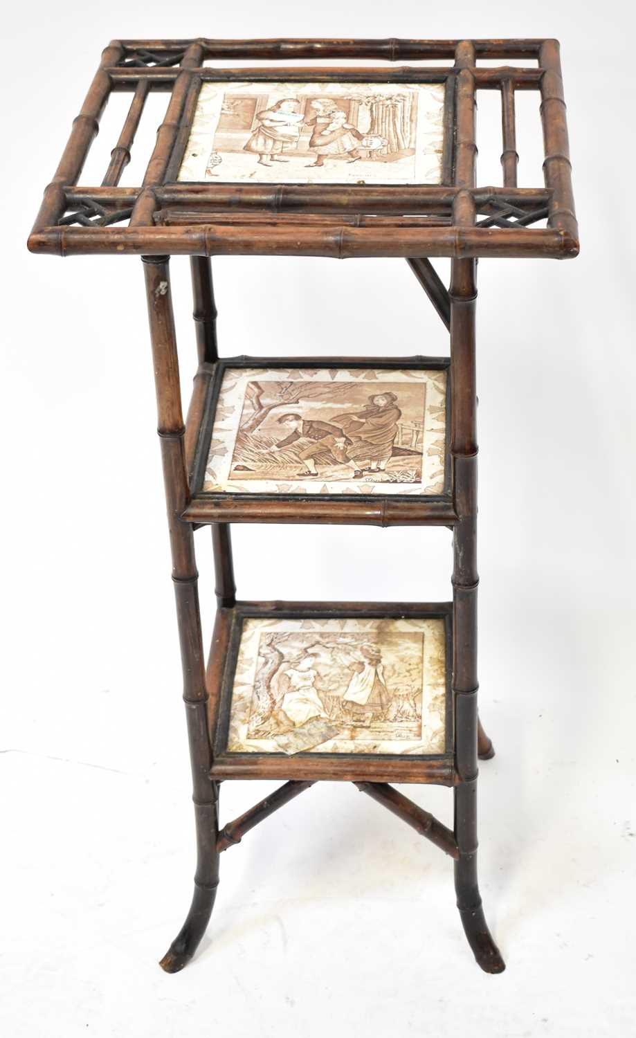 Lot 84 - A bamboo and tile three-tier plant stand, each...