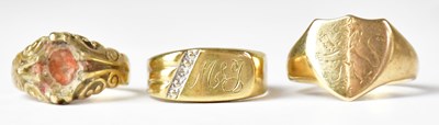 Lot 742 - Three 9ct gold rings (one lacking stone), size...