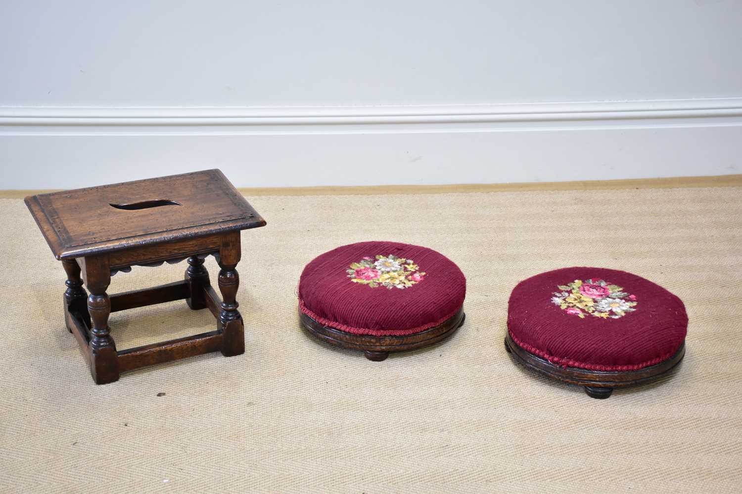 Lot 1130 - SIMON SIMPSON; a reproduction oak joint stool,...