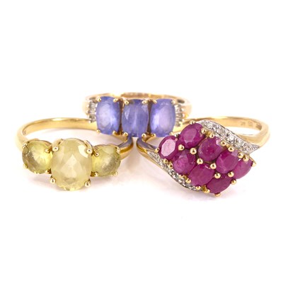 Lot 739 - Three 9ct yellow gold dress rings to include a...