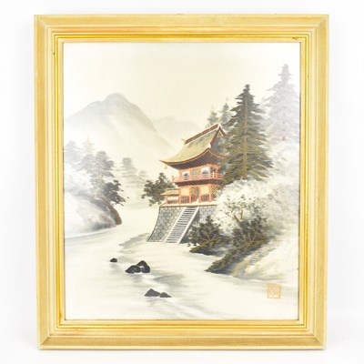 Lot 414 - A vintage woven silk picture depicting pagoda...