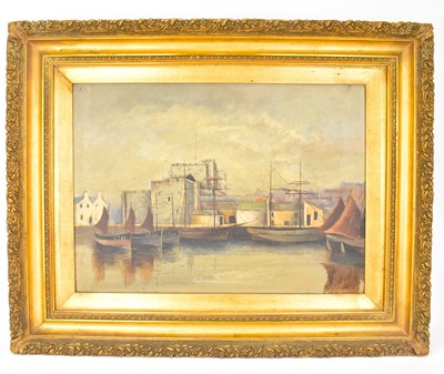 Lot 443 - J. GILL; oil on canvas, harbour scene, signed...