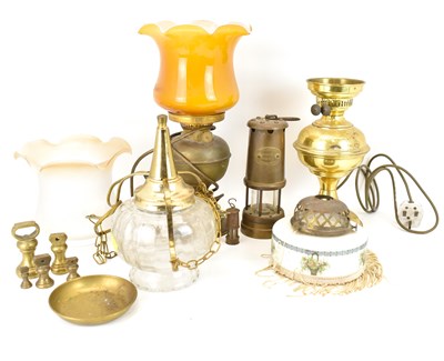 Lot 120 - Various lighting to include two brass paraffin...