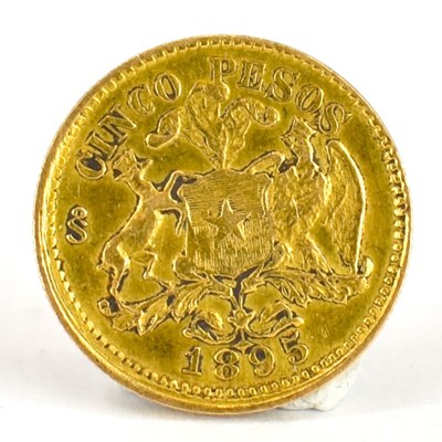 Lot 642 - An 1895 gold (22ct) five pesos coin, diameter...