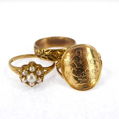 Lot 738 - Three 9ct gold rings comprising a seed pearl...