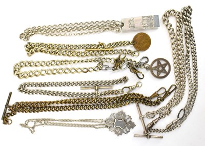 Lot 866 - Six silver and silver plated watch chains,...