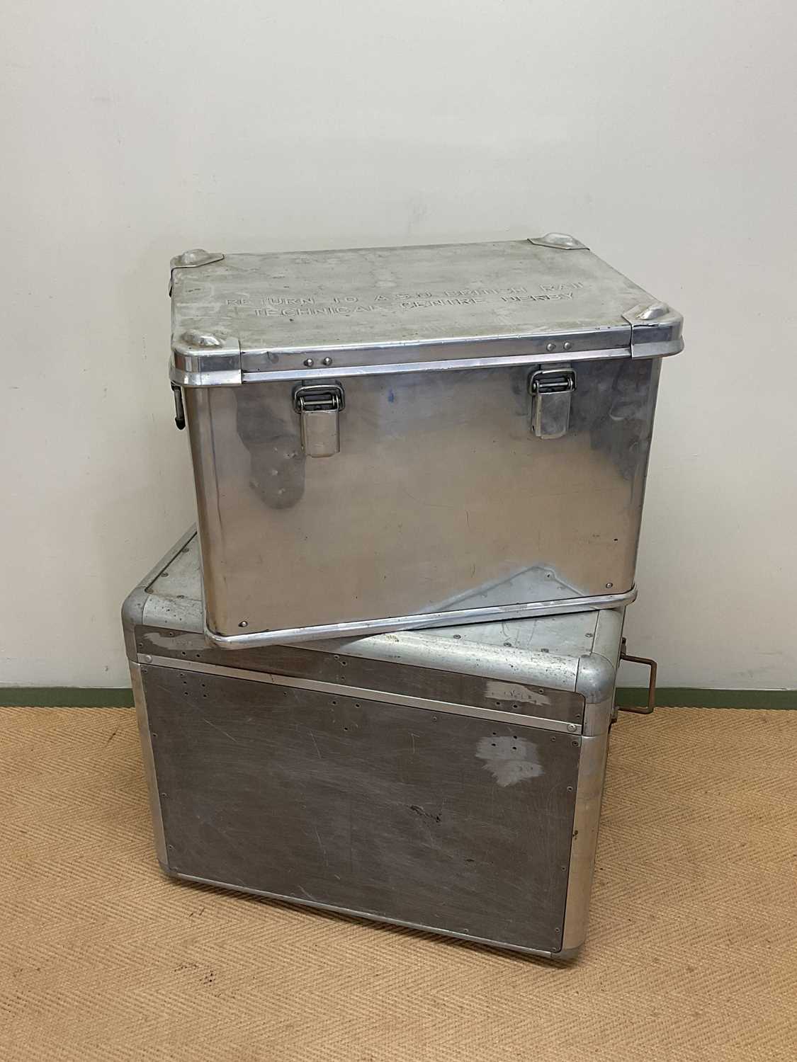 Lot 628 - Two aluminium travelling trunks, larger height...