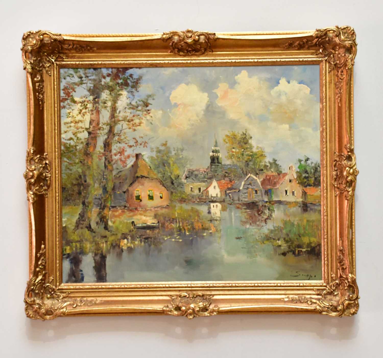 Lot 1639 - GIEL; oil on canvas, village scene, signed...