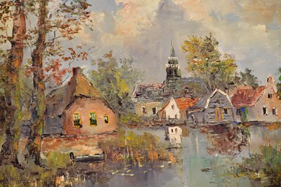 Lot 1639 - GIEL; oil on canvas, village scene, signed...