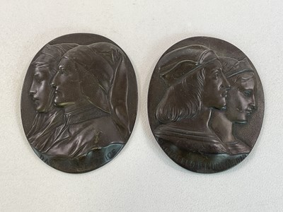 Lot 112 - A pair of oval bronzed pewter portrait plaques...