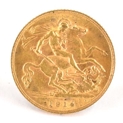 Lot 639 - A George V half sovereign 1914, George and...