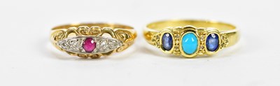 Lot 144 - An 18ct yellow gold turquoise and sapphire...