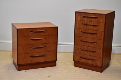 Lot 218 - G-PLAN; a teak six drawer chest on plinth base,...