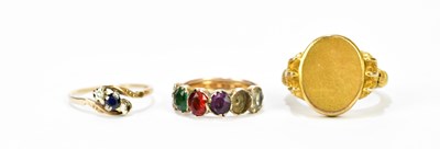 Lot 230 - Three yellow metal dress rings, combined...