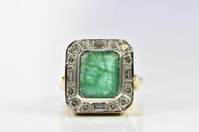 Lot 80 - An 18ct yellow gold emerald and diamond Art...