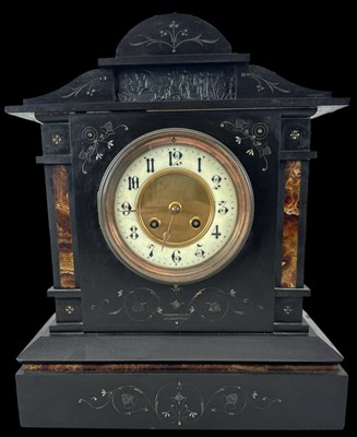 Lot 136 - A Victorian slate mantel clock with white...