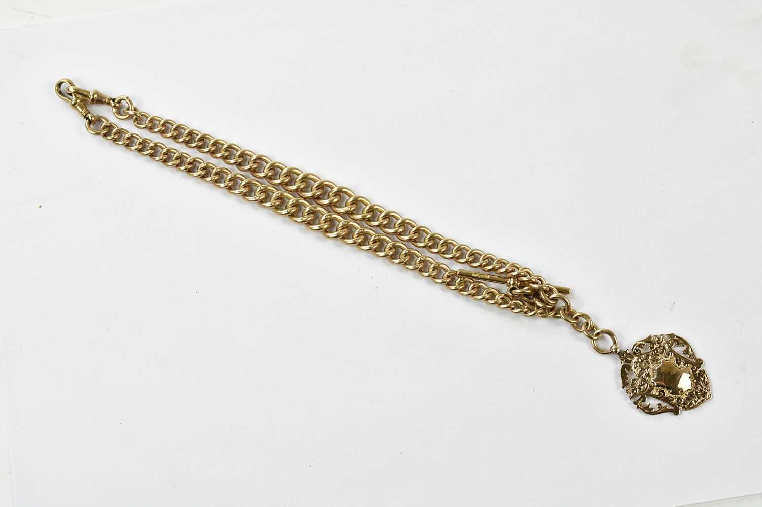 Lot 2355 - A 9ct yellow gold Albert chain with T-bar and...