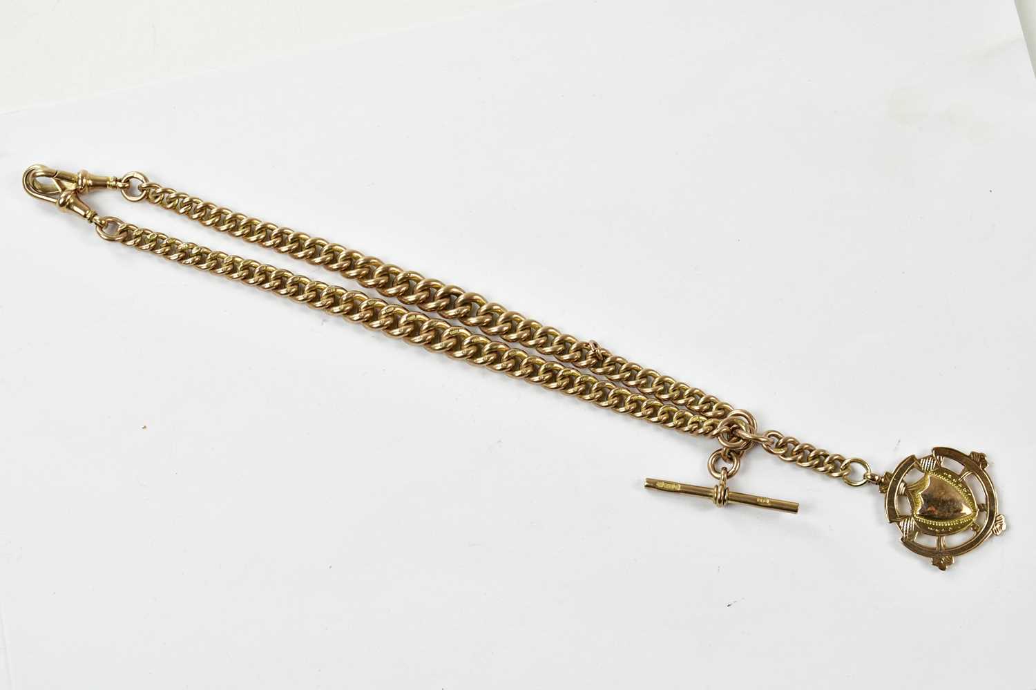 Lot 2356 - A 9ct gold Albert chain with T-bar and fob...