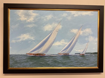 Lot 1510 - GEORGE DRURY; oil on board, 'J Class Passing...