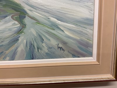 Lot 1515 - TOM BARRON; oil on canvas, coastal landscape,...