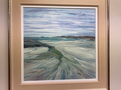 Lot 1515 - TOM BARRON; oil on canvas, coastal landscape,...