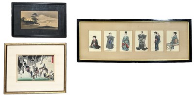 Lot 1027 - A framed group of six Japanese hand coloured...