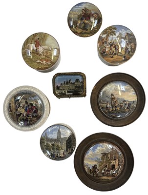 Lot 597 - A group of seven pot lids and a glass gilt...