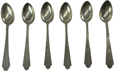 Lot 1313 - A set of six white metal teaspoons, indistinct...