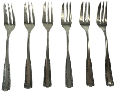 Lot 1314 - A set of six 800 grade silver cake forks,...