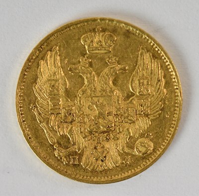 Lot 1599 - An 1838 Russian three ruble gold coin,...